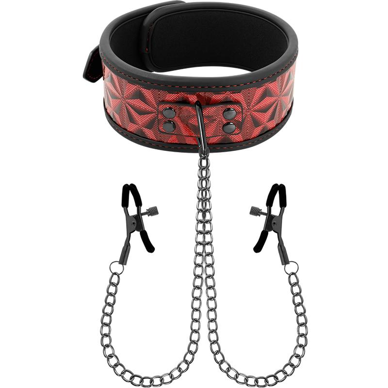 BEGME - COLLIER ÉDITION ROUGE AVEC CHAÎNES ET PINCES À TÉTONS DOUBLÉES DE NÉOPRÈNE