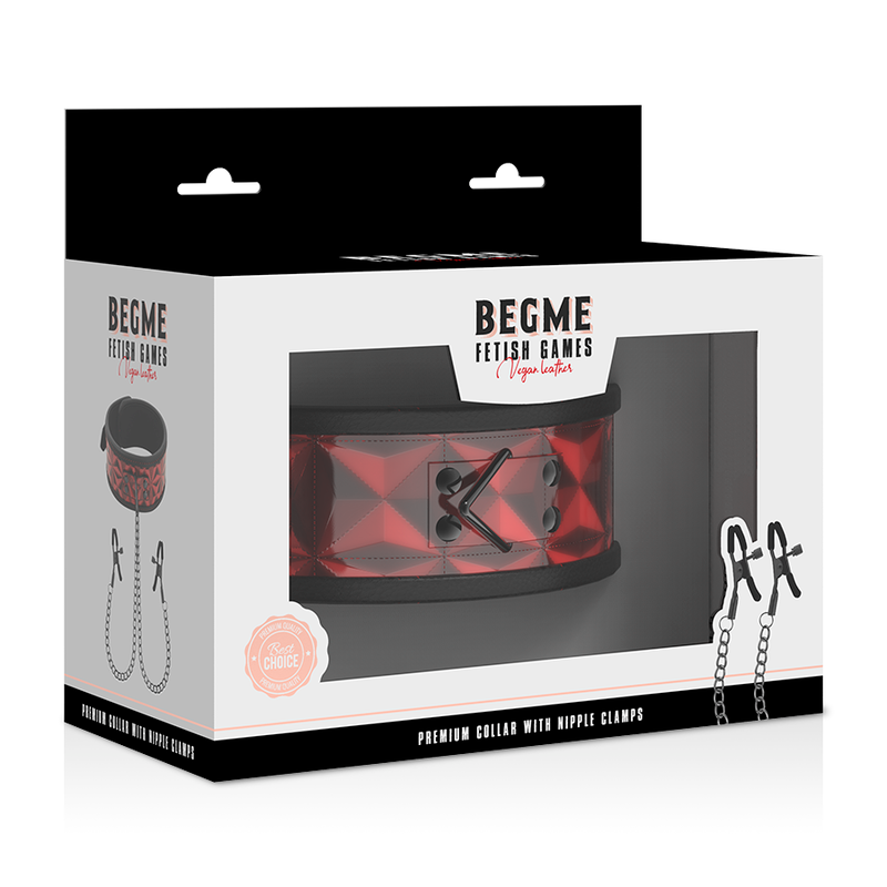 BEGME - COLLIER ÉDITION ROUGE AVEC CHAÎNES ET PINCES À TÉTONS DOUBLÉES DE NÉOPRÈNE