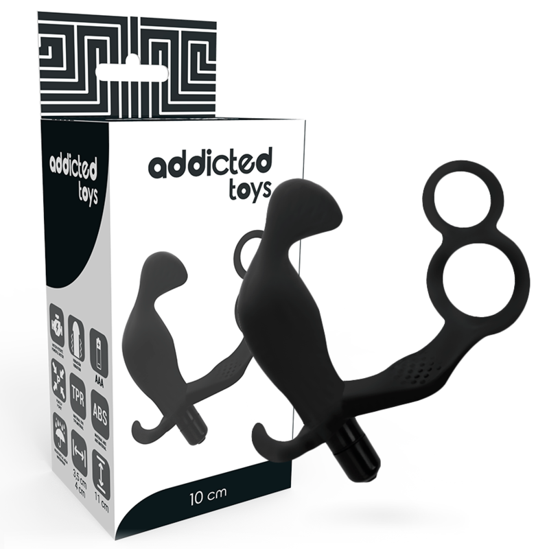 ADDICTED TOYS - PLUG ANAL AVEC DOUBLE ANNEAU, PÉNIS ET TESTICULES, NOIR