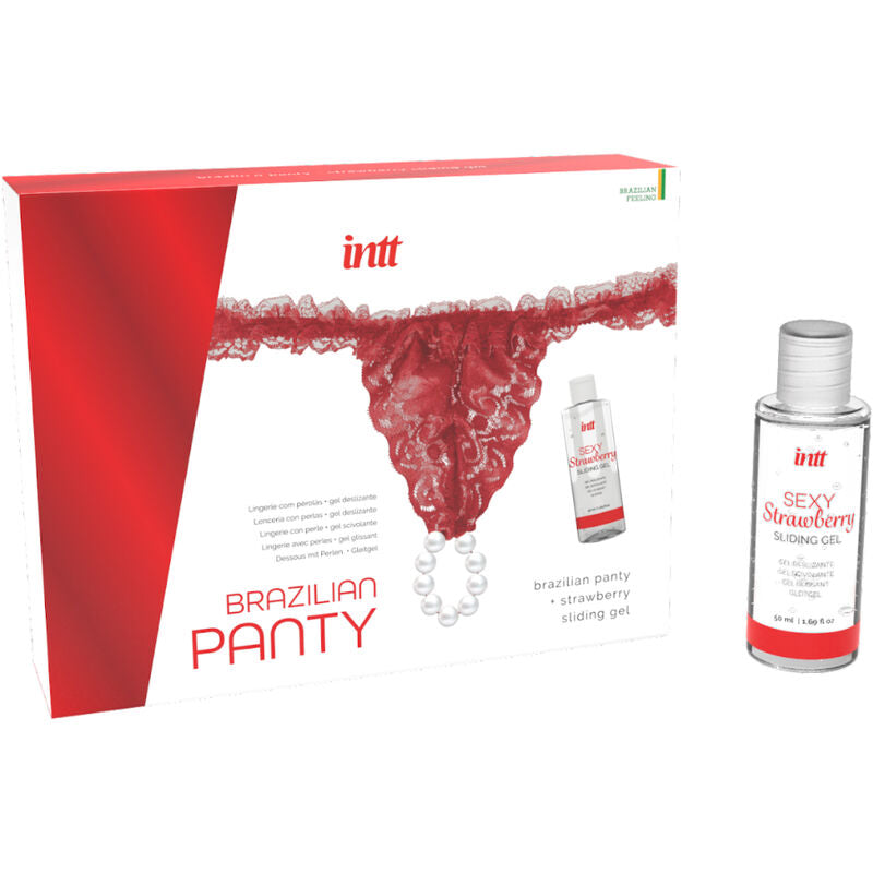 INTT SORT - CULOTTE BRÉSILIENNE ROUGE AVEC PERLES ET GEL LUBRIFIANT 50 ML