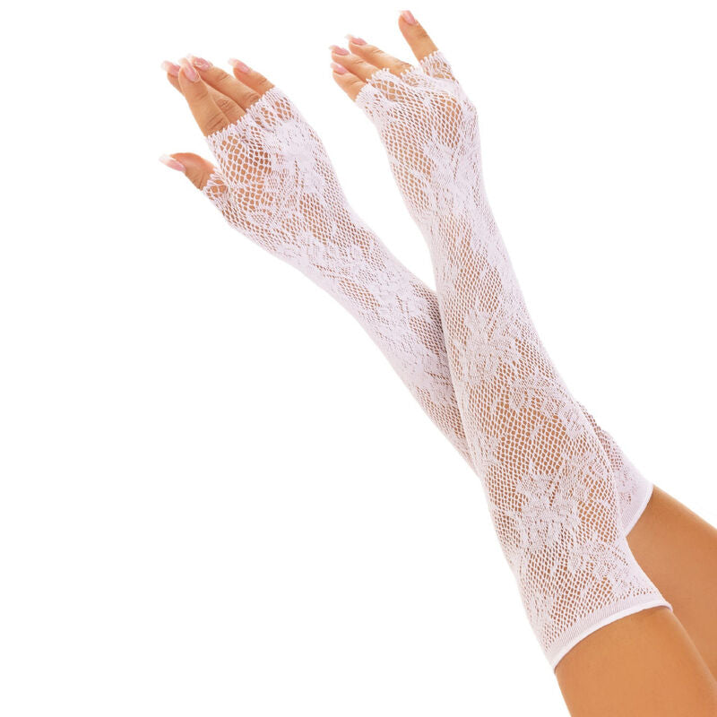 LEG AVENUE - GANTS SANS DOIGTS EN RÉSILLE À FLEURS BLANCHES