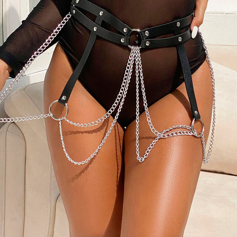 SUBBLIME - CEINTURE CHAÎNE ANNEAU EN CUIR NOIR TAILLE UNIQUE
