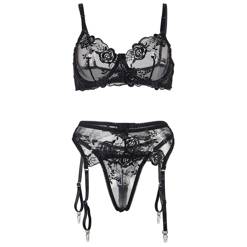 SUBBLIME - ENSEMBLE 3 PIÈCES SOUTIEN-GORGE + STRING + JARRETELLES IMPRIMÉ FLORAL NOIR S/M