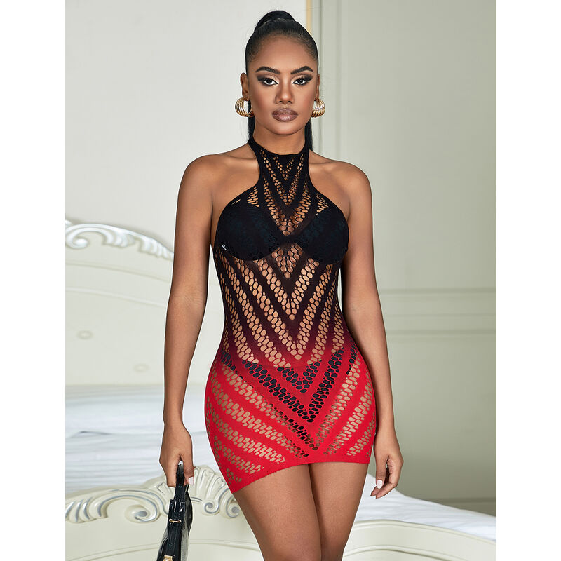 SUBBLIME - 952242 ROBE EN RÉSILLE STRETCH DÉGRADÉ ROUGE ET NOIR TAILLE UNIQUE
