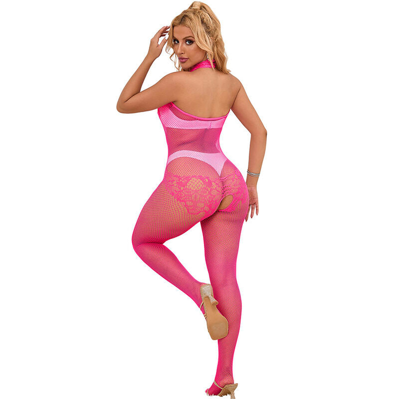 SUBBLIME - 952389 Body rose en résille et dentelle, ouvert à l'entrejambe, col haut, taille unique
