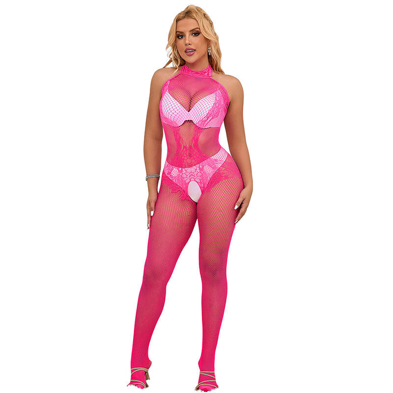 SUBBLIME - 952389 Body rose en résille et dentelle, ouvert à l'entrejambe, col haut, taille unique