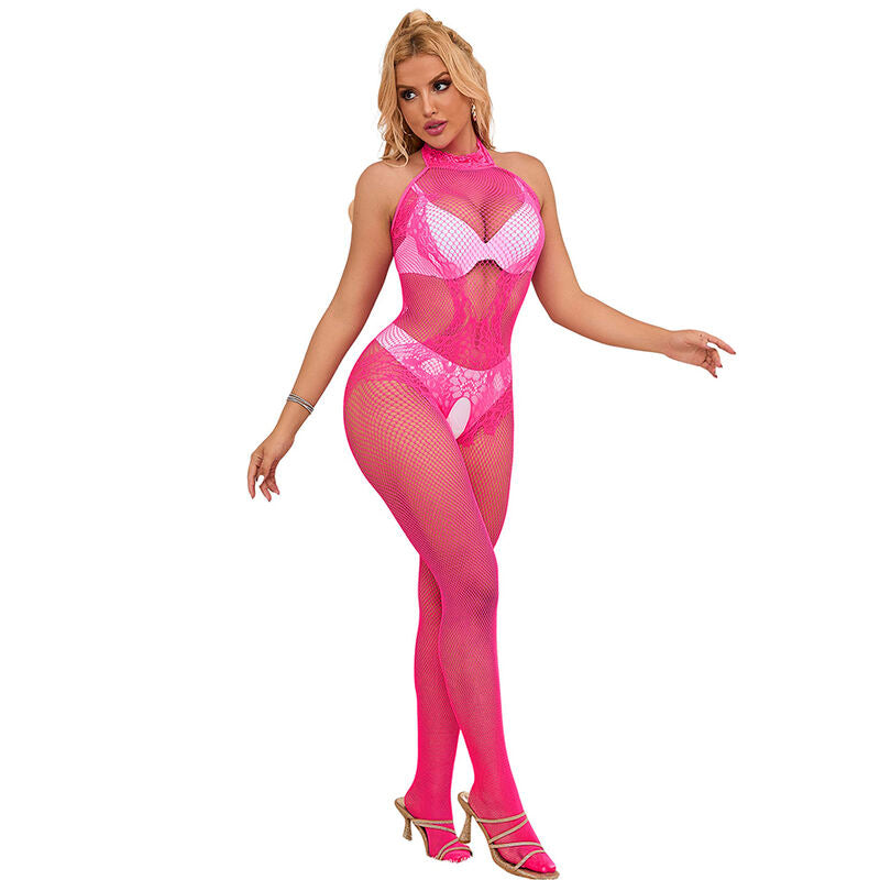 SUBBLIME - 952389 Body rose en résille et dentelle, ouvert à l'entrejambe, col haut, taille unique