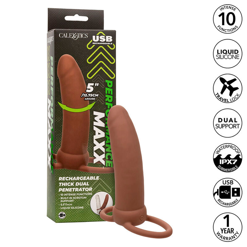 CALEXOTICS - MAXX DOUBLE PÉNÉTRATEUR ÉPAIS 10 VIBRATIONS MULÂTRE