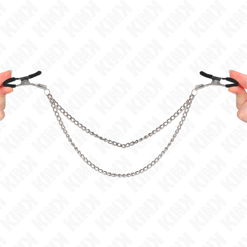 KINK - PINCES À TÉTONS AVEC DOUBLE CHAÎNE ÉPAISSE ARGENTÉE 20/23 CM