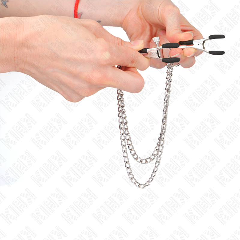 KINK - PINCES À TÉTONS AVEC DOUBLE CHAÎNE ÉPAISSE ARGENTÉE 20/23 CM