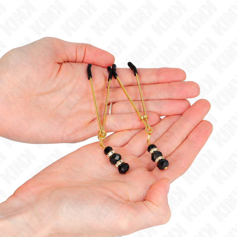 KINK - PINCES À TÉTONS EN OR FIN AVEC TRIPLE BOULE EN VERRE NOIRE 7 CM