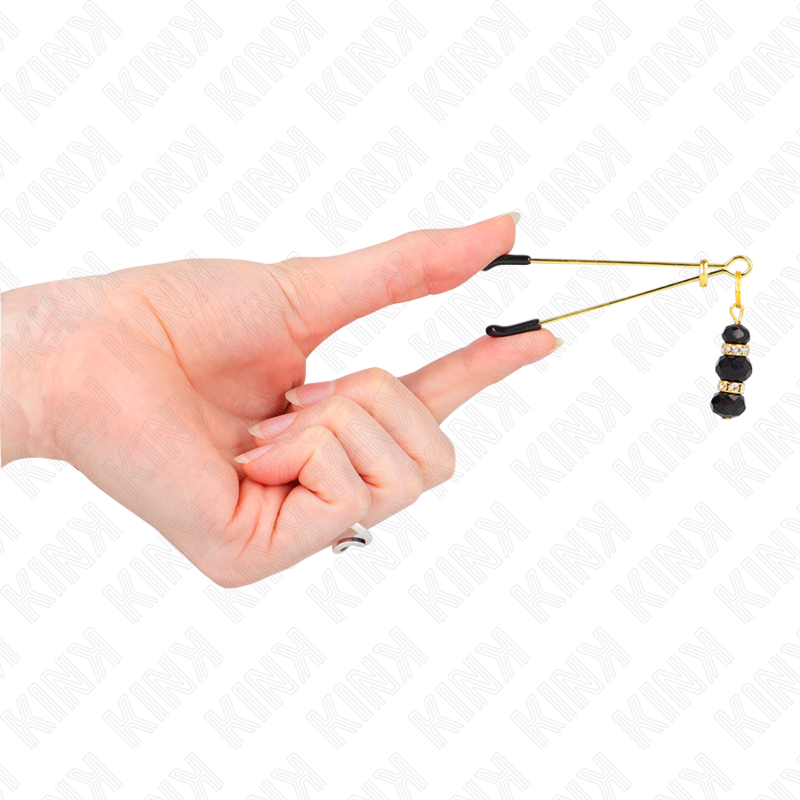 KINK - PINCES À TÉTONS EN OR FIN AVEC TRIPLE BOULE EN VERRE NOIRE 7 CM