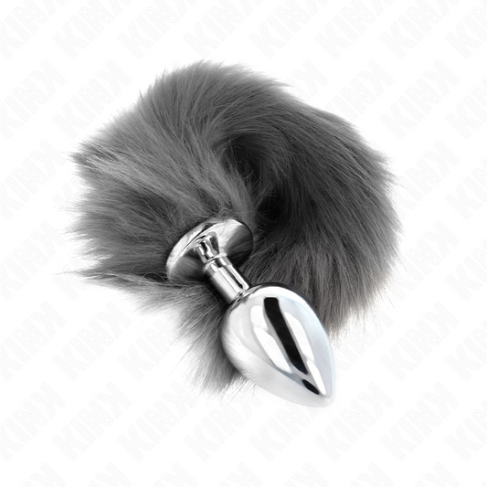 KINK - PLUG ANAL TAILLE L 10 X 4 CM AVEC QUEUE SYNTHÉTIQUE 40 CM ARGENT ET BLANC
