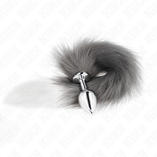 KINK - PLUG ANAL TAILLE M 8 X 3,5 CM AVEC QUEUE SYNTHÉTIQUE 40 CM ARGENT ET BLANC