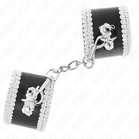 KINK - BRACELETS NOIRS AVEC DENTELLE DÉCORATIVE BLANCHE RÉGLABLE 20-23 CM X 5,5 CM