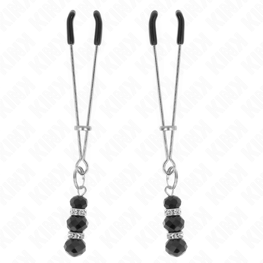 KINK - PINCES À TÉTONS FINES ARGENTÉES AVEC TRIPLE BOULES EN VERRE NOIRES 7 CM