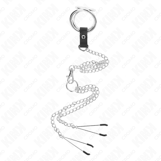 KINK - ANNEAU PÉNITENTIAIRE EN MÉTAL TRIPLE CHROME DE 3 CM À 4,5 CM AVEC CHAÎNE EN MÉTAL DE 26 CM ET PINCES À TÉTONS