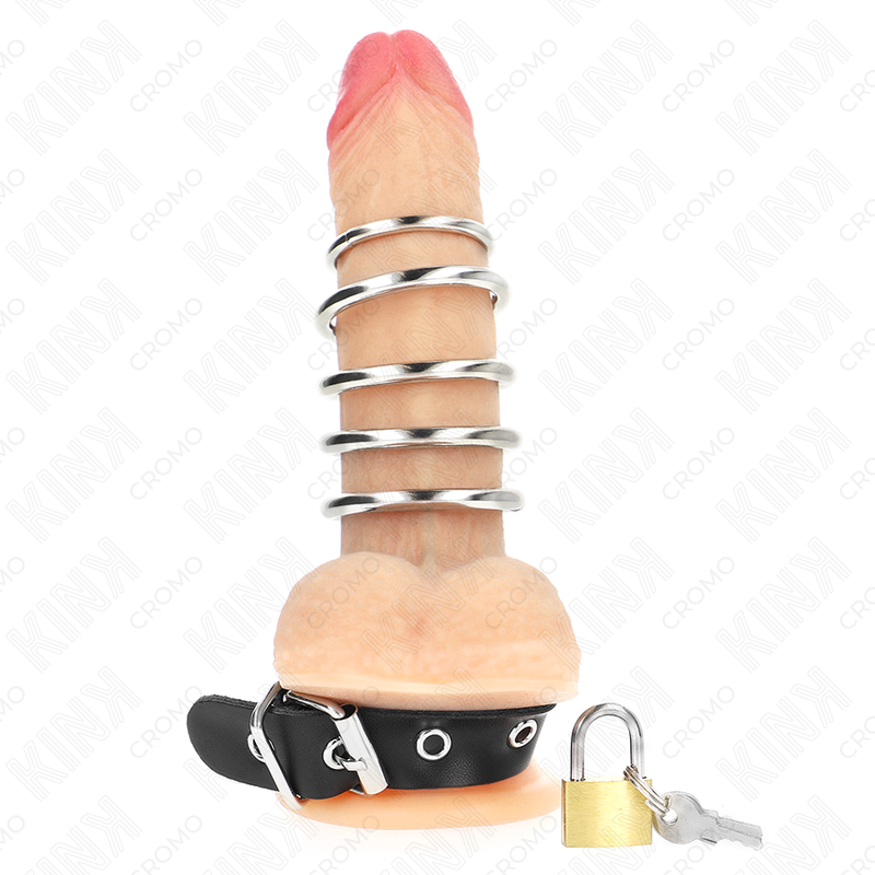 KINK - ANNEAU PÉNIS EN CUIR AVEC VERROUILLAGE 21 X 2 CM ET 5 ANNEAUX MÉTALLIQUES DE 3 CM À 4 CM
