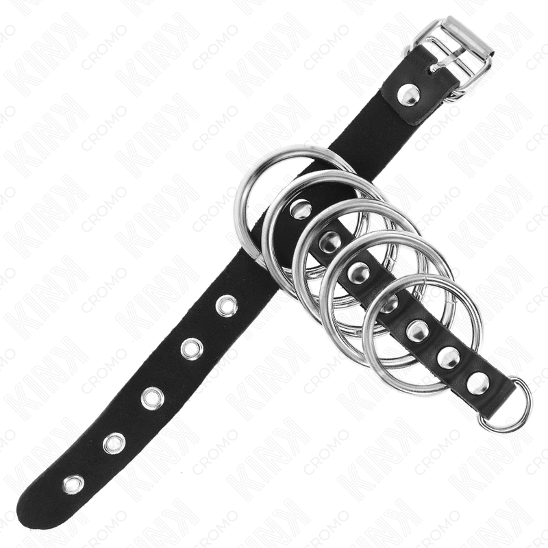 KINK - ANNEAU PÉNIS EN CUIR AVEC VERROUILLAGE 21 X 2 CM ET 5 ANNEAUX MÉTALLIQUES DE 3 CM À 4 CM