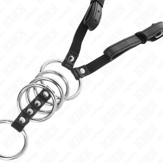 KINK - 5 ANNEAUX PÉNIS 3,8 CM À 5 CM MÉTAL AVEC CEINTURE EN SIMILICUIR 112 CM
