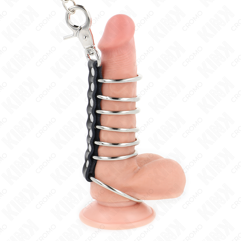 KINK - 7 ANNEAUX PÉNIS EN MÉTAL DE 3,8 CM À 5 CM CONNECTÉS AVEC DU SIMILICUIR ET UNE CHAÎNE EN MÉTAL 100 CM