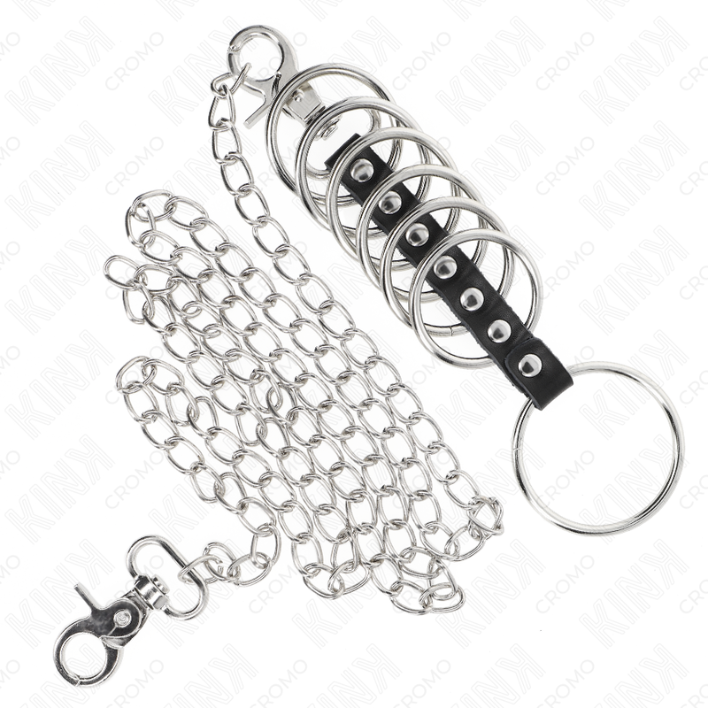 KINK - 7 ANNEAUX PÉNIS EN MÉTAL DE 3,8 CM À 5 CM CONNECTÉS AVEC DU SIMILICUIR ET UNE CHAÎNE EN MÉTAL 100 CM