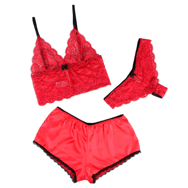 SUBBLIME - 953904 ENSEMBLE 3 PIÈCES EN DENTELLE ET SATIN ROUGE L/XL