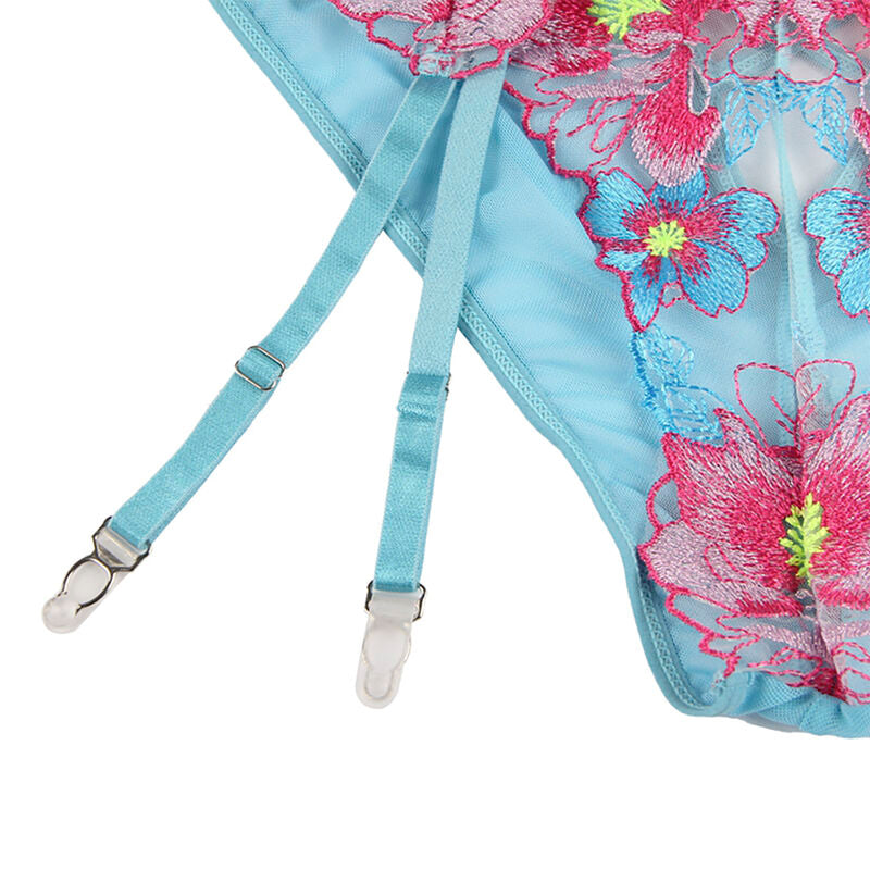 SUBBLIME - 954109 SOUTIEN-GORGE + CULOTTE AVEC PORTE-JARRETELLES BLEU MOTIF FLORAL S/M