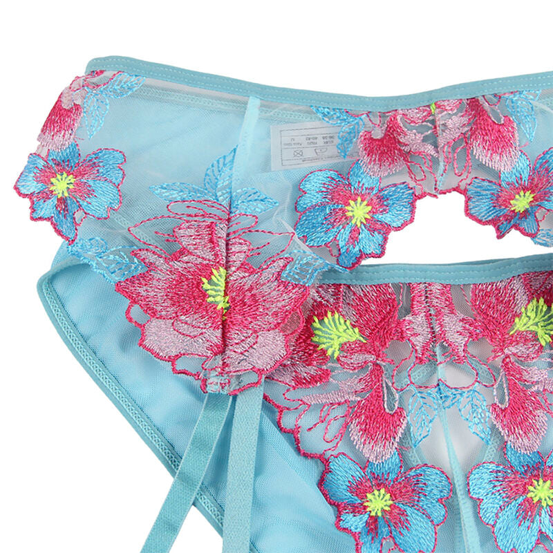 SUBBLIME - 954109 SOUTIEN-GORGE + CULOTTE AVEC PORTE-JARRETELLES BLEU MOTIF FLORAL S/M