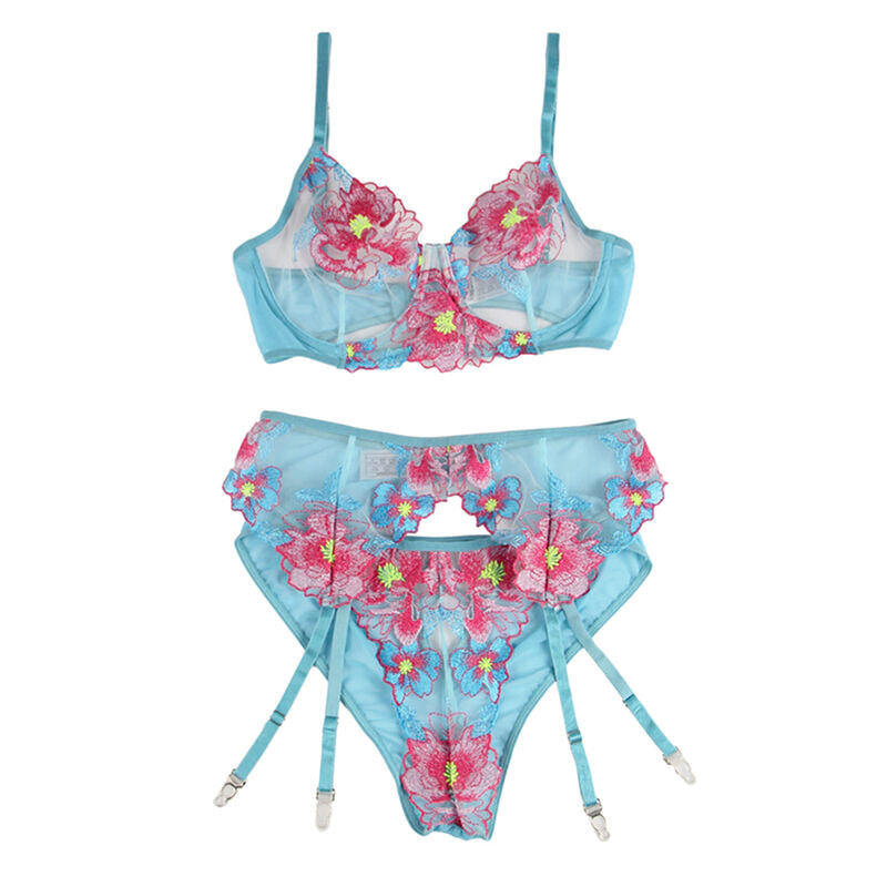 SUBBLIME - 954109 SOUTIEN-GORGE + CULOTTE AVEC PORTE-JARRETELLES BLEU MOTIF FLORAL S/M