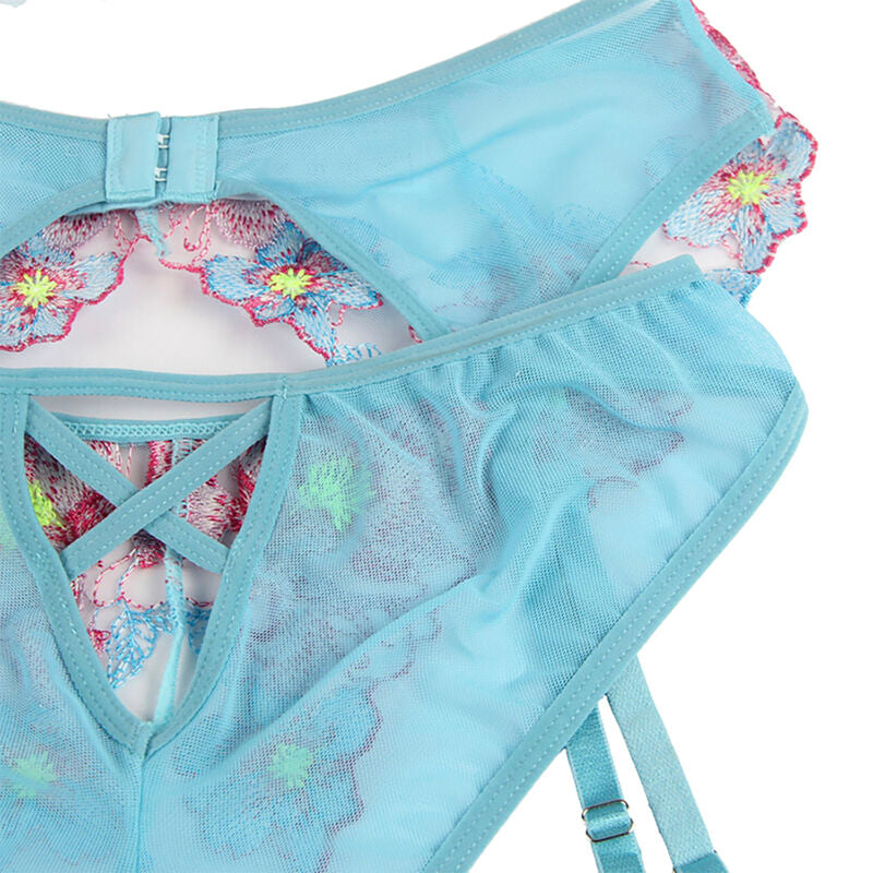 SUBBLIME - 954109 SOUTIEN-GORGE + CULOTTE AVEC PORTE-JARRETELLES BLEU MOTIF FLORAL S/M