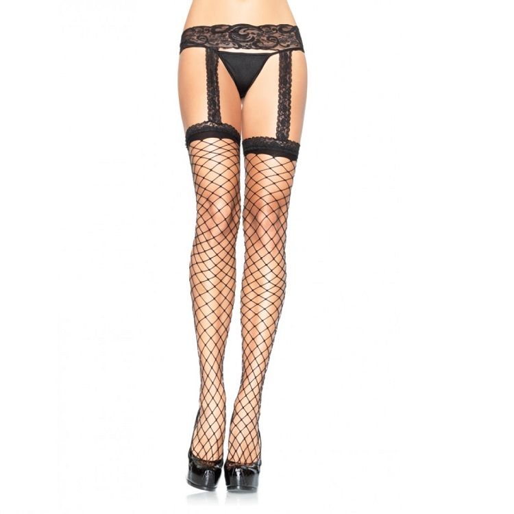 LEG AVENUE - Fishnet stockings with black lace garter belt