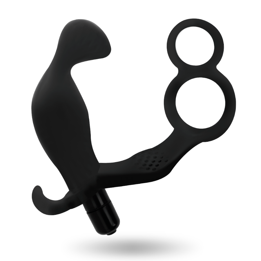 ADDICTED TOYS - PLUG ANAL AVEC DOUBLE ANNEAU, PÉNIS ET TESTICULES, NOIR