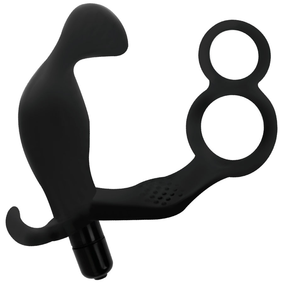 ADDICTED TOYS - PLUG ANAL AVEC DOUBLE ANNEAU, PÉNIS ET TESTICULES, NOIR
