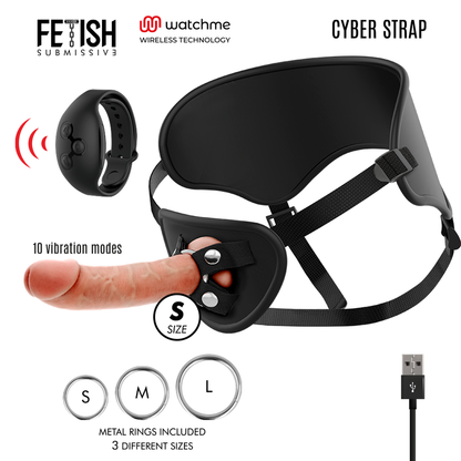 Harnais fétichiste soumis Cyber ​​Strap avec gode, télécommande et technologie WatchMe S