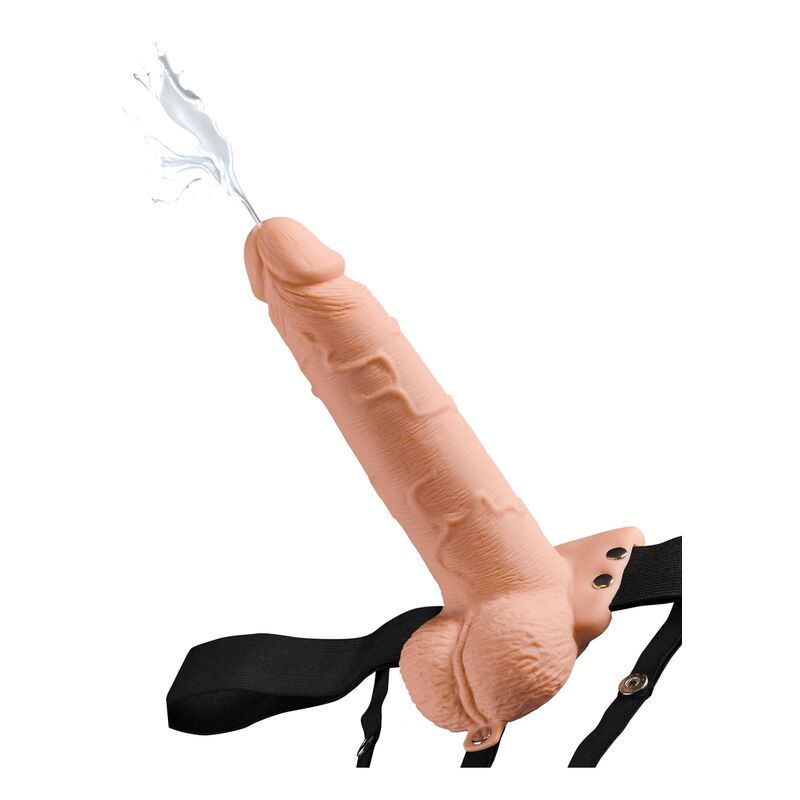 SÉRIE FETISH FANTASY - HARNAIS RÉGLABLE PÉNIS RÉALISTE AVEC TESTICULES ÉJACULAIRES 19 CM