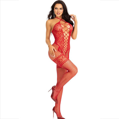 LEG AVENUE - BODYSTOCKING ROUGE À COL DOS ROUGE COEURS ROUGES