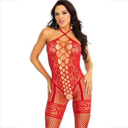 LEG AVENUE - BODYSTOCKING ROUGE À COL DOS ROUGE COEURS ROUGES