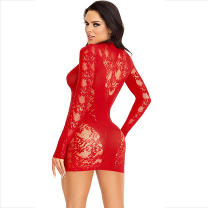 LEG AVENUE - MINI ROBE EN DENTELLE ROUGE À MANCHES LONGUES