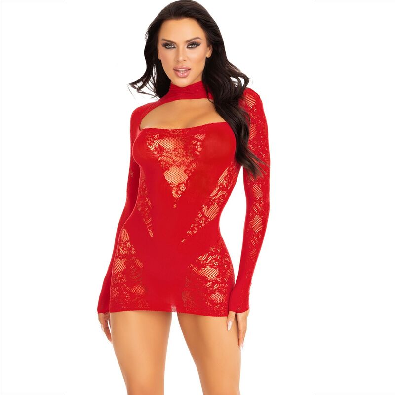LEG AVENUE - MINI ROBE EN DENTELLE ROUGE À MANCHES LONGUES