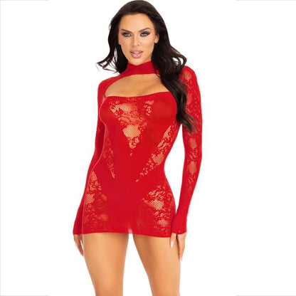 LEG AVENUE - MINI ROBE EN DENTELLE ROUGE À MANCHES LONGUES