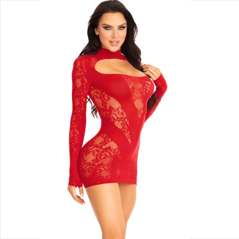 LEG AVENUE - MINI ROBE EN DENTELLE ROUGE À MANCHES LONGUES