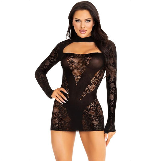 LEG AVENUE - MINI-ROBE EN DENTELLE À MANCHES LONGUES NOIRE