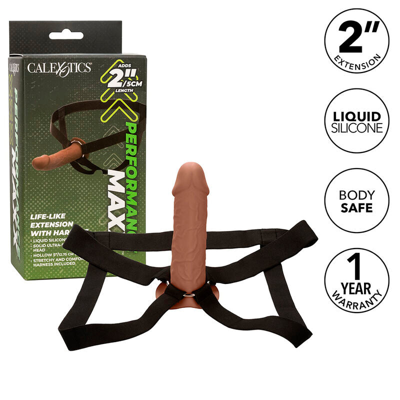 CALEXOTICS - EXTENSION RÉALISTE PERFORMANCE MAXX AVEC HARNAIS EN PEAU MARRON