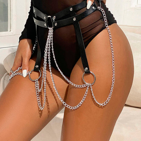 SUBBLIME - CEINTURE CHAÎNE ANNEAU EN CUIR NOIR TAILLE UNIQUE