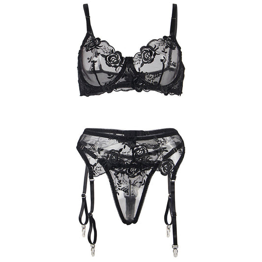 SUBBLIME - ENSEMBLE 3 PIÈCES SOUTIEN-GORGE + STRING + JARRETELLES IMPRIMÉ FLORAL NOIR S/M