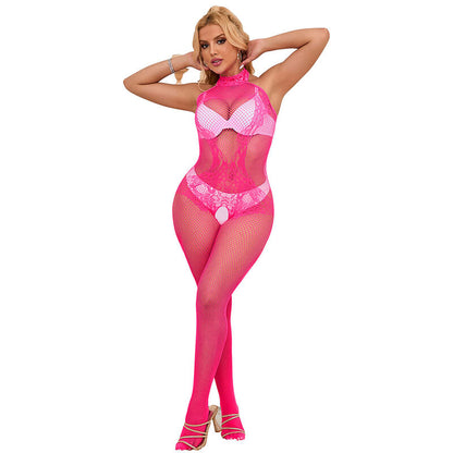 SUBBLIME - 952389 Body rose en résille et dentelle, ouvert à l'entrejambe, col haut, taille unique