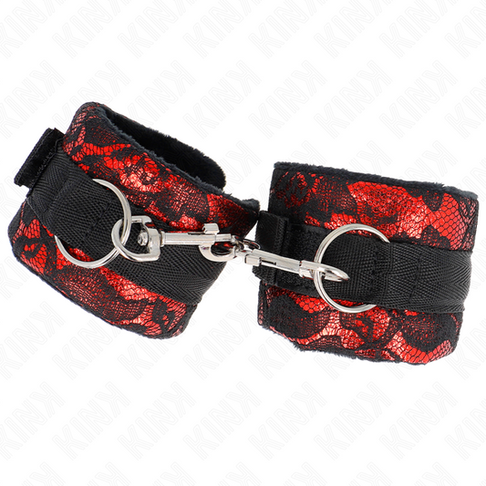 KINK - BRACELETS COURTS AVEC DENTELLE DE VELOURS ET RELIURE EN NYLON, ROUGE/NOIR, 23 X 6,5 CM