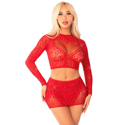 LEG AVENUE - RED EYELINER FISHNET TOP + SKIRT