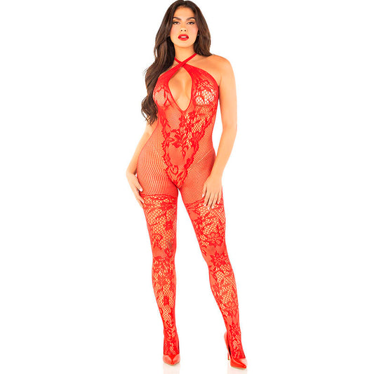 LEG AVENUE - BODYSTOCKING RÉSILLE IMPRIMÉ FLORAL ROUGE TAILLE UNIQUE